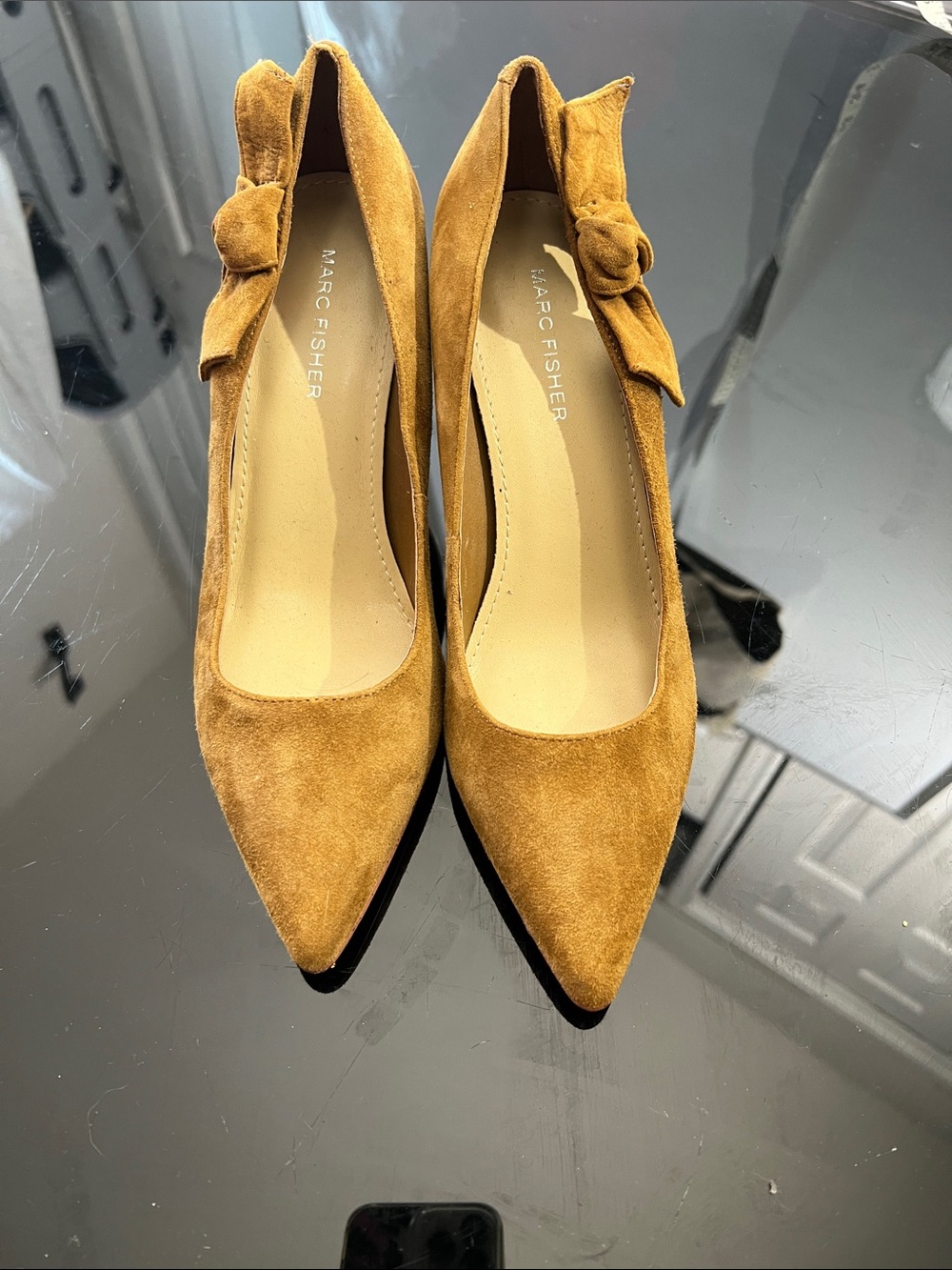 Marc Fisher Mustard Suede Pointed-Toe Pumps with Bow